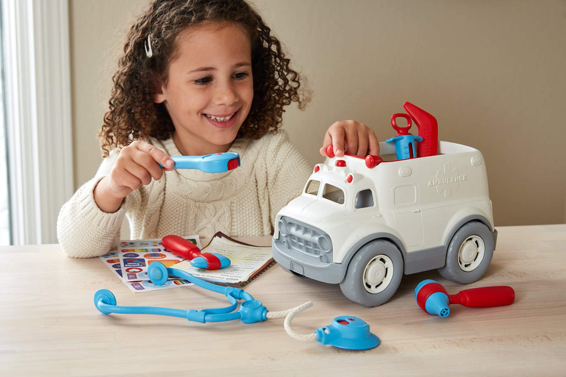 Green Toys Ambulance & Doctor's Kit Red/Blue FFP 10 Piece Pretend Play,Motor Skills,Language & Communication Kids Role Play Toy Vehicle. No BPA,phthalates,PVC,Dishwasher Safe,Recycled Plastic,USA Made - Image 5