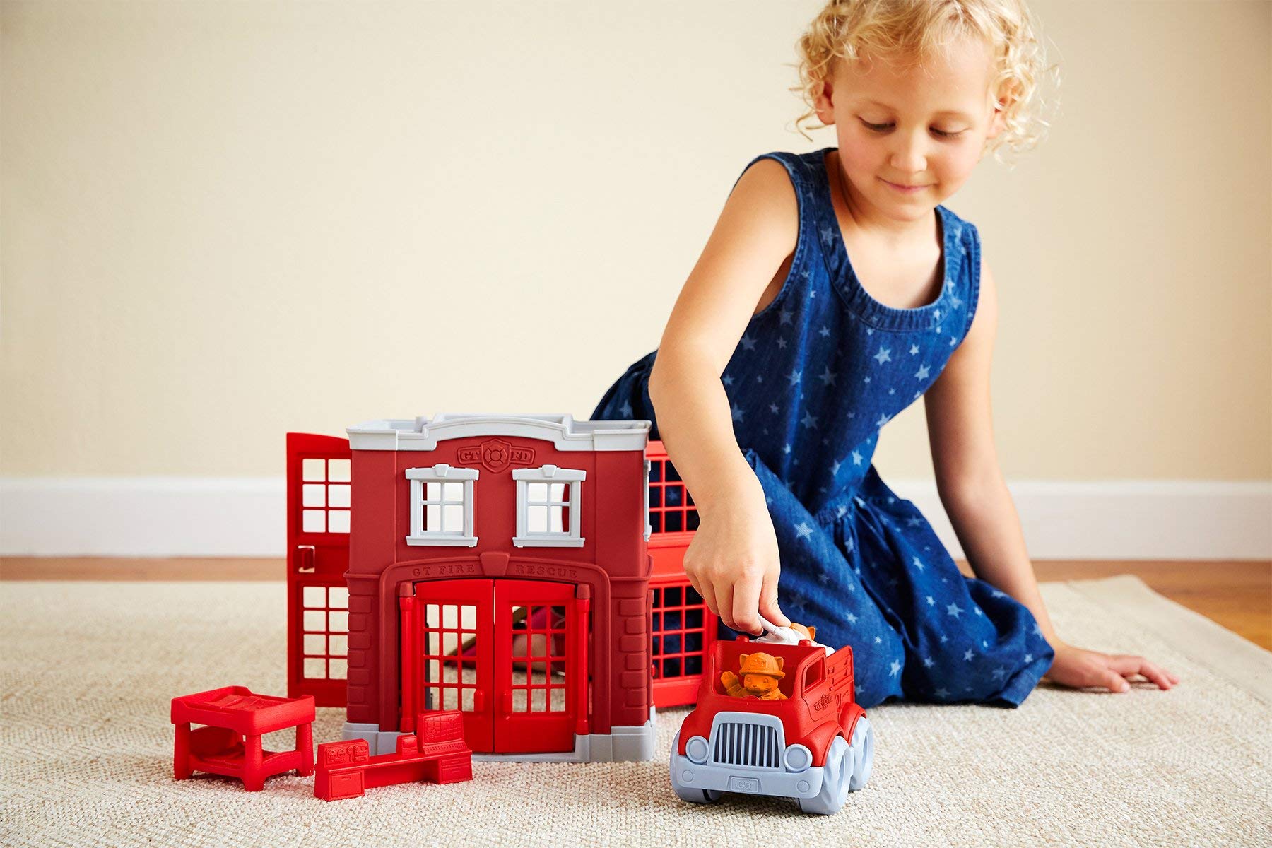 Green Toys Fire Station Playset - 8 Piece Pretend Play, Motor Skills, Language & Communication Kids Role Play Toy. No BPA, phthalates, PVC. Dishwasher Safe, Recycled Plastic, Made in USA. - Image 3