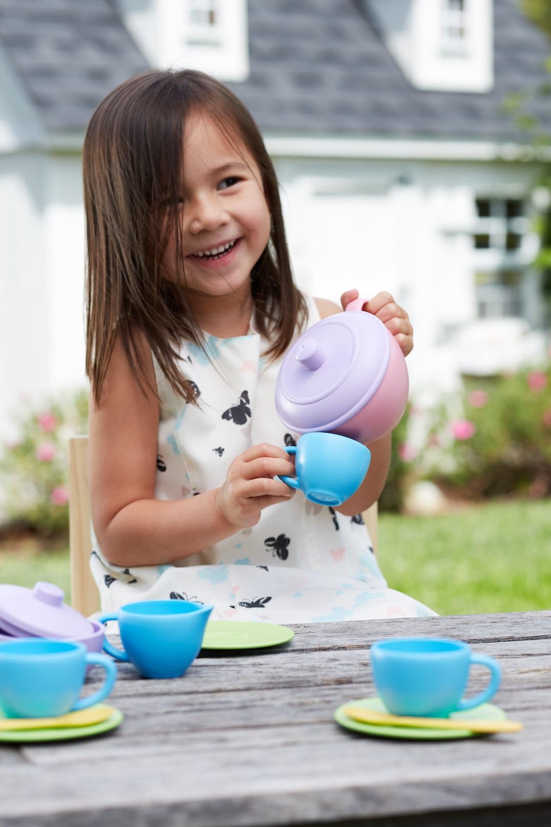 Green Toys Tea Set, Pink 4C - 17 Piece Pretend Play, Motor Skills, Language & Communication Kids Role Play Toy. No BPA, phthalates, PVC. Dishwasher Safe, Recycled Plastic, Made in USA. - Image 3